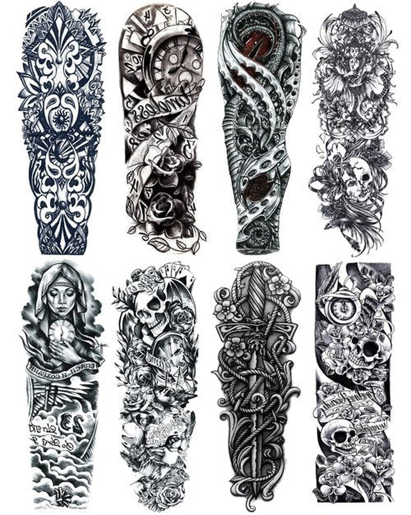 PADOUN Black Totem Flower Skull Temporary Tattoos - 8-Sheet Realistic Sleeve Tattoos for Men and Women, Large Arm Fake Tattoo
