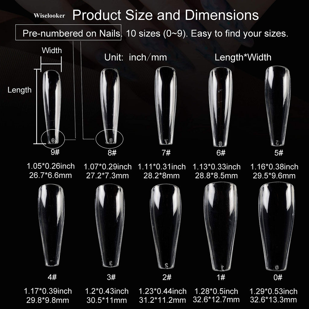 Wiselooker 500pcs Coffin False Nails Extension Tips Clear Full Cover 10 Sizes for Acrylic Nails Fake Nails Gel Nails