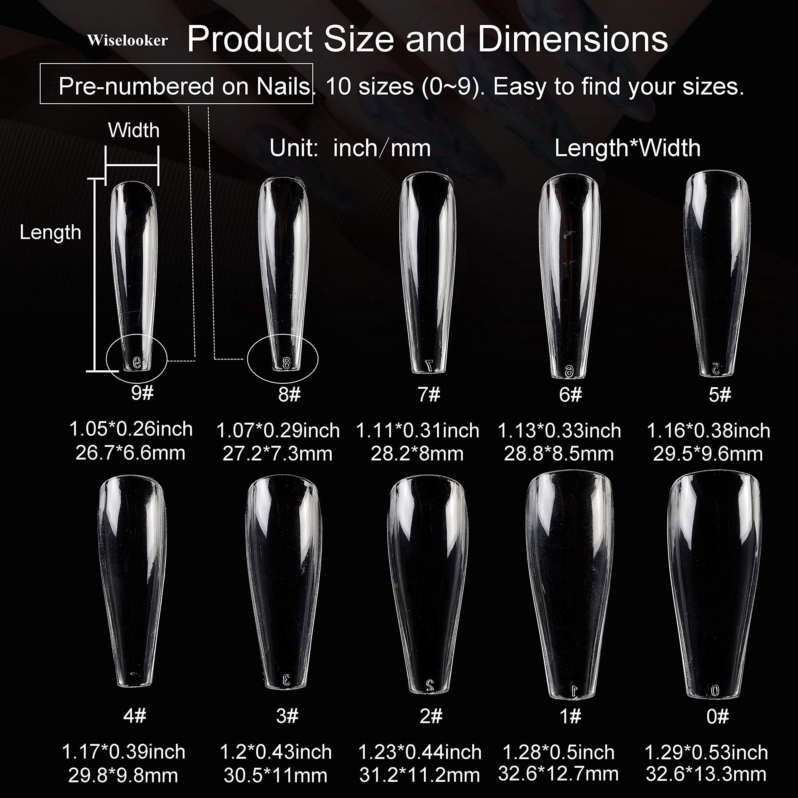 Wiselooker 500pcs Coffin False Nails Extension Tips Clear Full Cover 10 Sizes for Acrylic Nails Fake Nails Gel Nails
