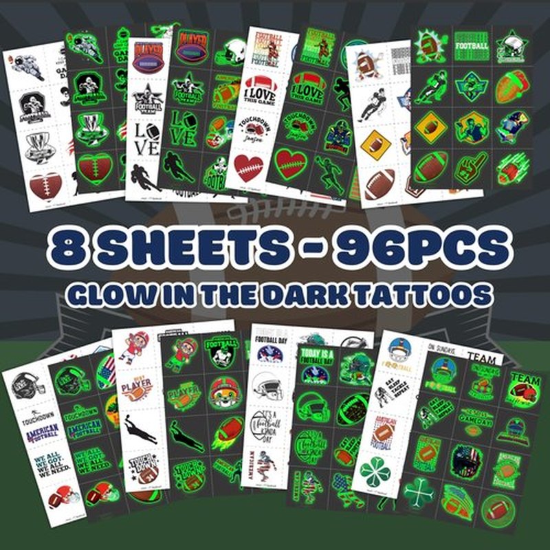 96PCS Football Pre-Cut Temporary Tattoos - Party Favors for Kids, Boys American Football Theme, Perfect for Birthday Parties, Classroom Prizes, Cheerleader & School Events Gifts (Glow in the Dark)