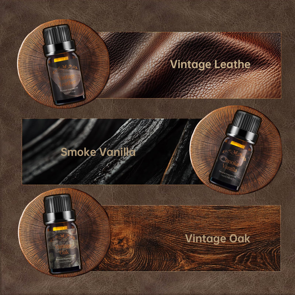 Men Essential Oils Set for Diffuser for Home, 6x10ml Masculine Fragrance Oils for Candle Making, Scented Oil Gift Set for Men, Mahogany, Sandalwood, Cologne, Smoke Vanilla, Leather