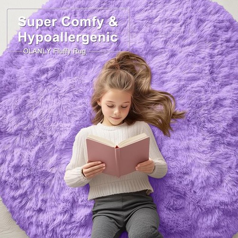 OLANLY Purple Round Area Rug - Soft, Fluffy, Machine Washable 9 ft Circle Carpet for Bedroom & Living Room Decor