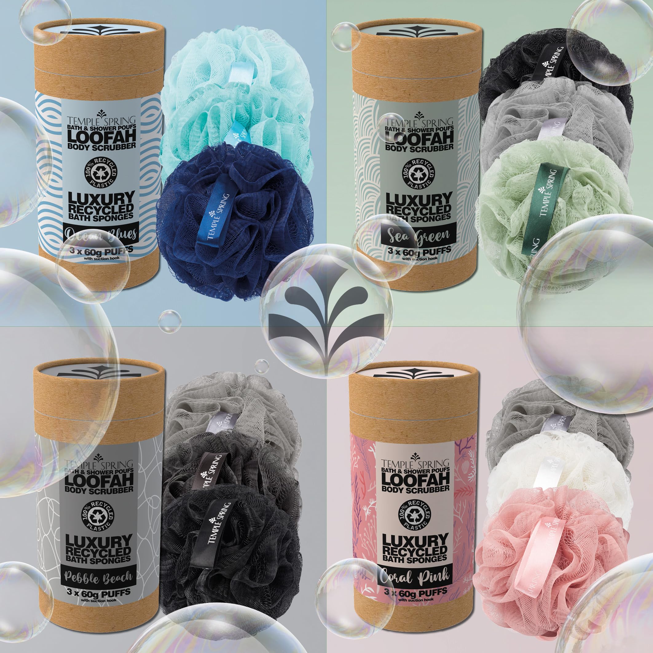 Temple Spring Shower Loofah for Men 3-Pack (60g Each) — Dense Mesh Body Scrubber for Rich Lather and Deep Clean, Exfoliating Bath Sponge, 100% Recycled Materials with Suction Hook