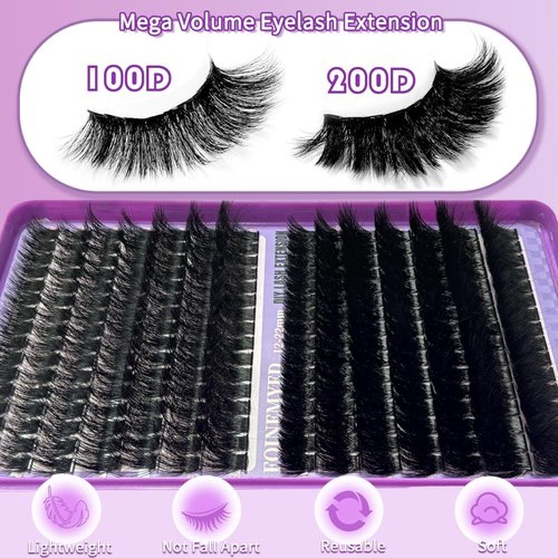Lash Clusters 100D+200D Thick Volume Eyelash Clusters 12-22mm Long Cluster Lashes Eyelash Extensions Individual Lashes Clusters DIY at Home Eyelashes D Curly Lash Extension by FOINEMYED
