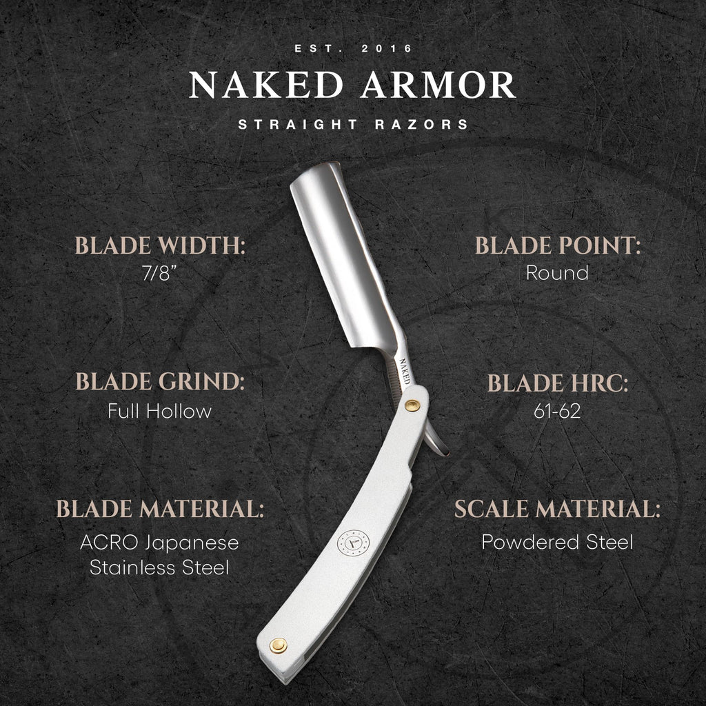 Naked Armor Merlin Straight Razor Kit, Straight Razor Shaving Kit for Men with Japanese Stainless Steel 7/8 Blade, Leather Strop, Shave Soap, Shaving Brush, Strop Paste, Leather Case, Gift Box, Silver