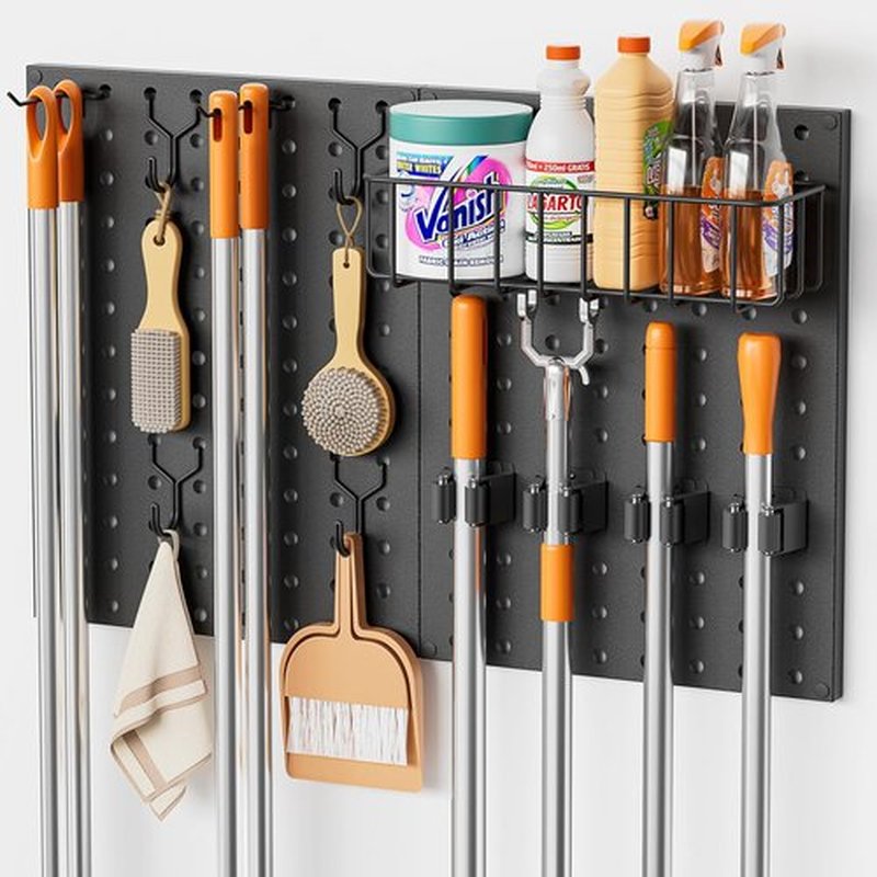 Skiennix Broom Holder Wall Mount - Durable Peg Board Organizer with Mop Hanger and Hooks for Laundry Room Storage