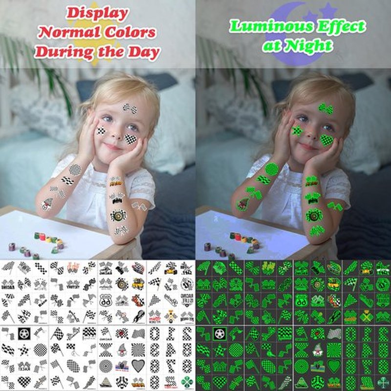 96 PCS Funny Race Car Checkered Flag Glow In The Dark Pre-Cut Black and White Temporary Tattoos Sticker Birthday Party Decorations Supplies Favors Gifts Boys Girls (Luminous)