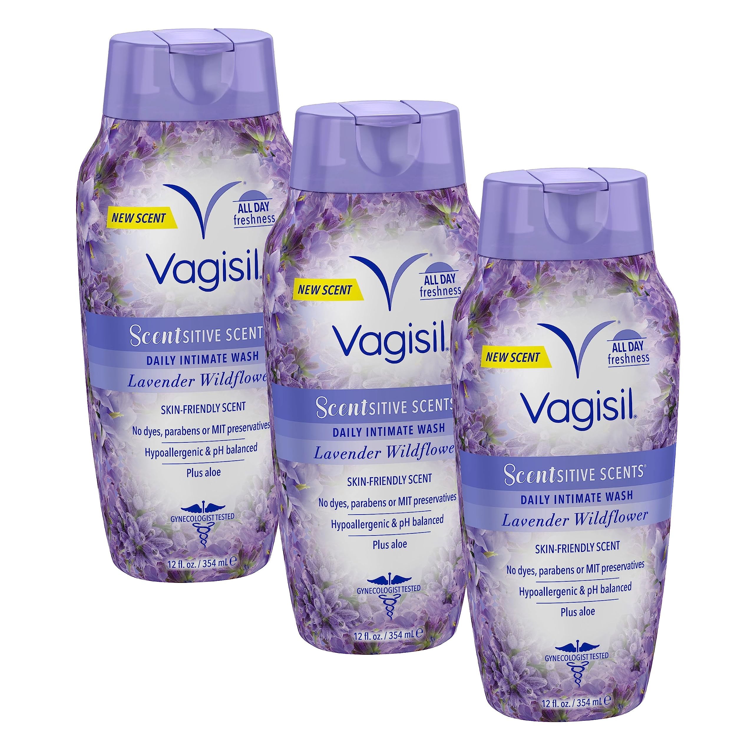 Vagisil Feminine Wash for Intimate Area Hygiene, Scentsitive Scents, pH Balanced and Gynecologist Tested, Spring Lilac, 12 oz (Pack of 3)