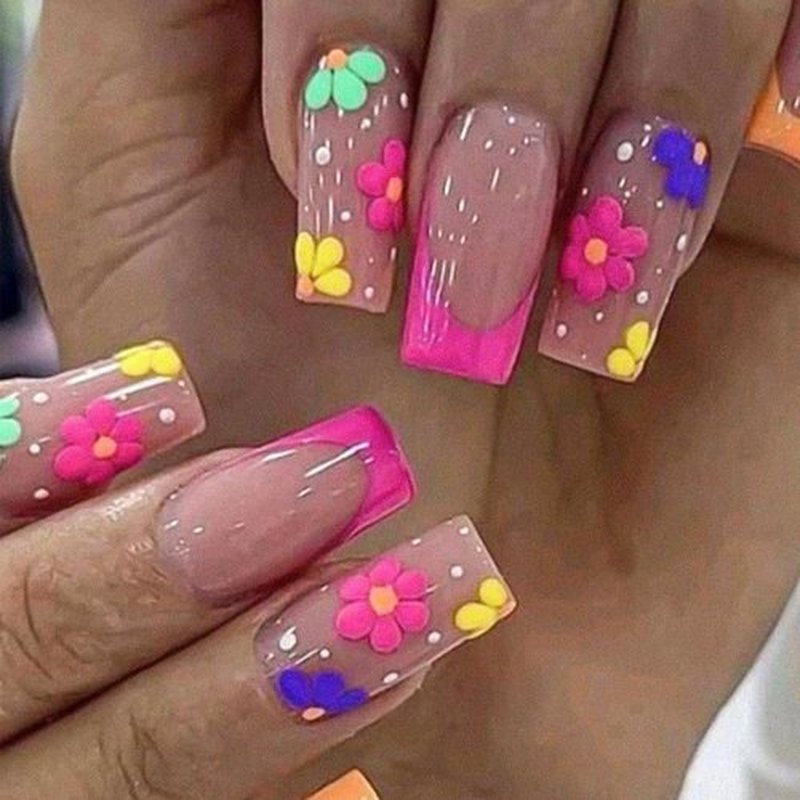 6-Pack Square Press-On Nails: 12 Sets (144 Pcs) French Tip Fake Nails with Flower Design - Full Cover, Colourful Artificial, Reusable False Nails Kit - Cute Glue-On Nails for Women & Girls