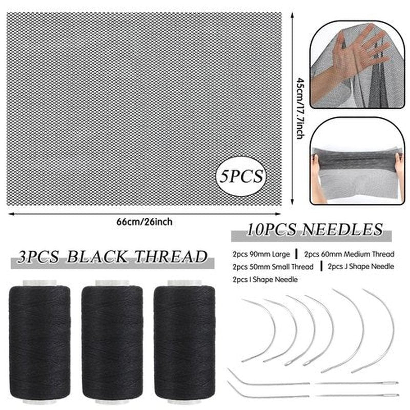 Luinabio 5 Pcs Hair Net Black Stretchy Weaving Net Accessories, Weaving Needle Combo Medium and Small C J I Shape Needle, 3 Thread Black for Making Wig Sewing Hair Weave Extension(26 x 18 in)