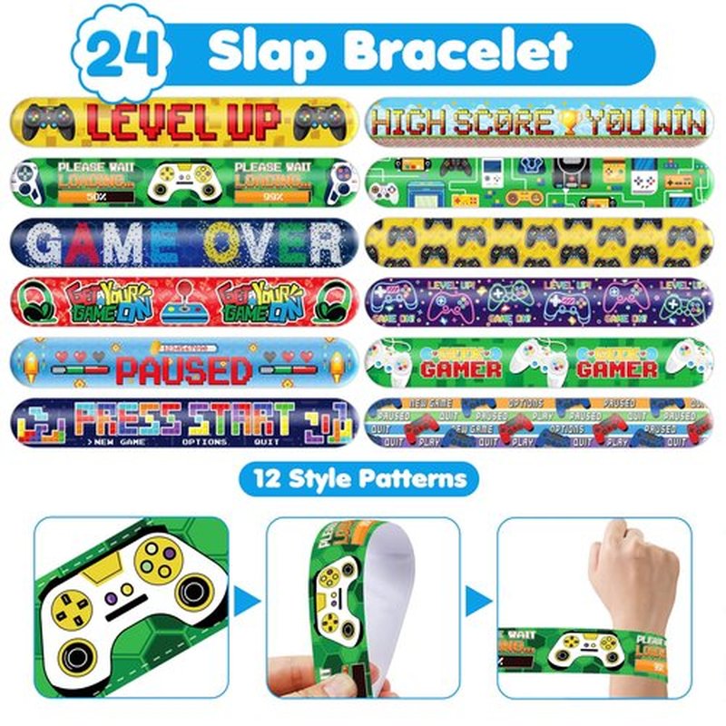 Cherisnowy 72PCS Video Game Party Set | 48PCS Temporary Tattoos & 24PCS Slap Bracelets - Gamer-Themed Birthday Supplies, Baby Shower Gifts, Classroom Rewards & Party Decor for Kids (Boys & Girls)