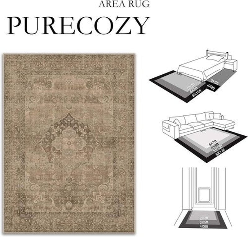 PureCozy Brown Area Rug - Non-Slip Washable Floral Vintage Design | 6x9 for Living Room & Bedroom
