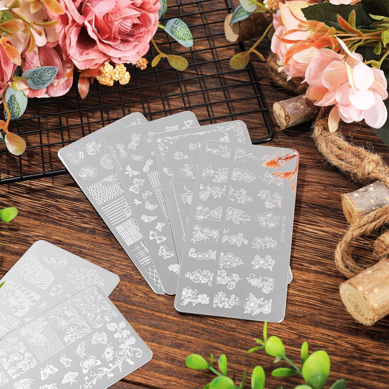 Whaline 6Pcs Flower Butterfly Nail Art Plates Rectangular Floral Stamping Plates Butterfly Image Stamp Templates Stamping Kit for Women Spring Summer DIY Print Manicure Salon Design Gift