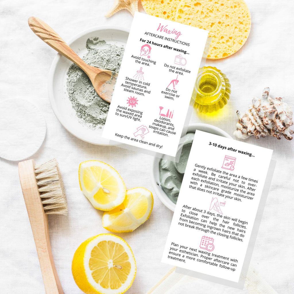Waxing Aftercare Cards | 50 Pack | Size 2 x 3.5” inches Business Card Size | Waxing Aftercare Kit Cards PMU | Aftercare Instructions White with Pink Icons Design