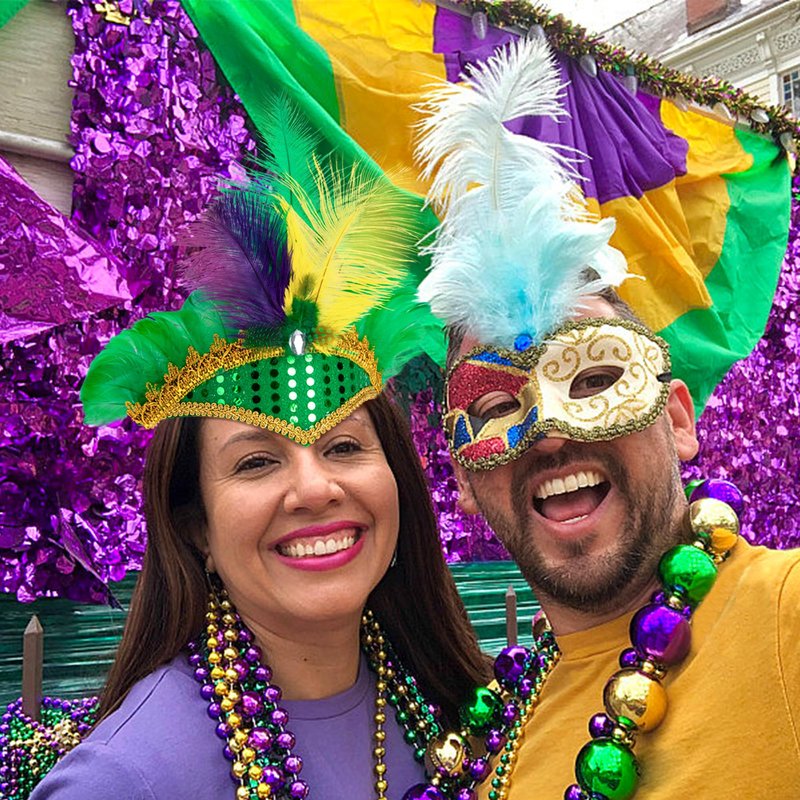 Watayo 8 Pcs Mardi Gras Feather Headband, Purple Yellow Green Masquerade Headwear, Mardi Gras Sequin Flapper Headpiece Headdress for Women Girls New Orleans Cocktail Costume Party