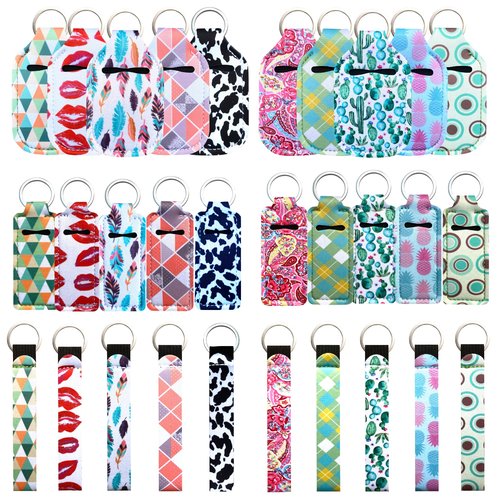 PUEZOKLY 40pcs Travel Bottles Keychain Set with Wristlet Chapstick Holders keychain Hand Sanitizer Holder Key chain with Empty Bottles