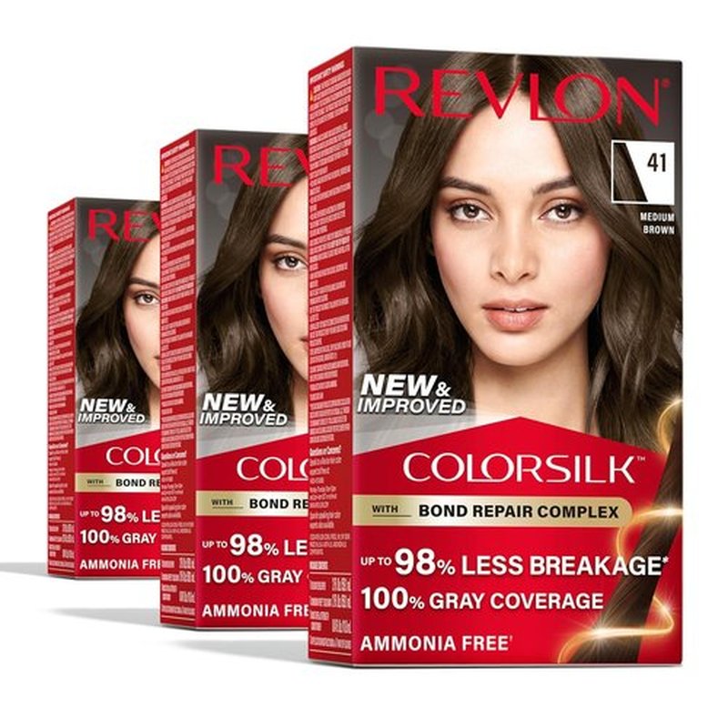Revlon ColorSilk Permanent Hair Color - 100% Gray Coverage, Ammonia-Free, Vegan Keratin, 41 Medium Brown (Pack of 3)