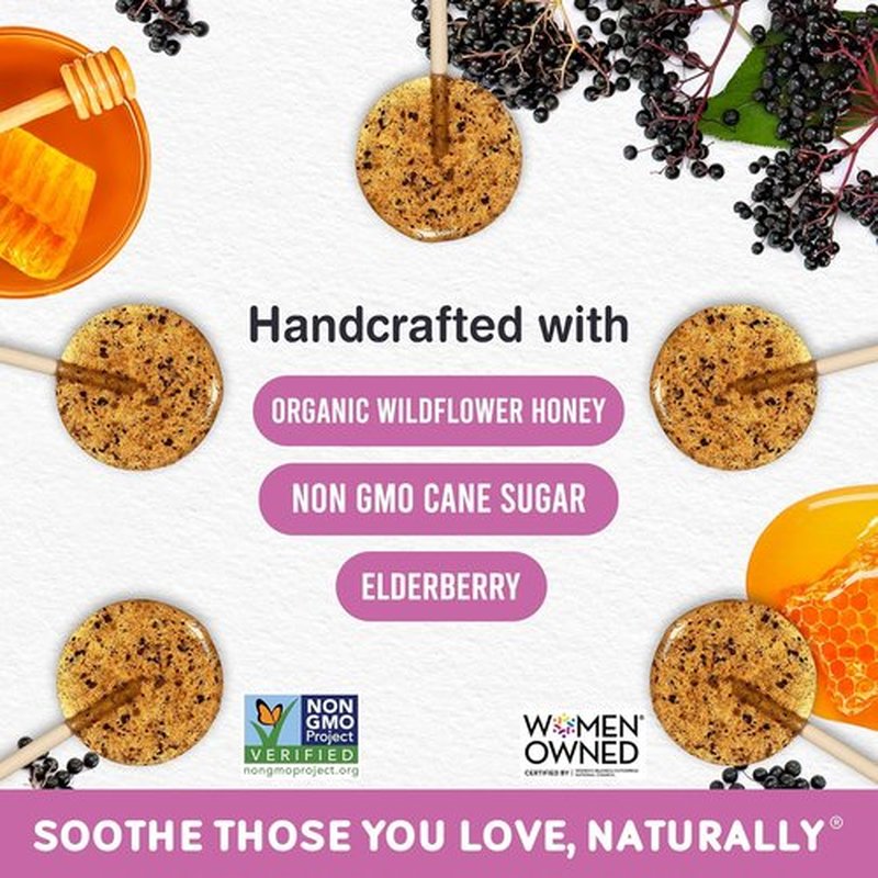 MommaBear Natural Sore Throat Care Lollipops - Organic Elderberry & Honey Kids Cough Treats | 10 Pack, No Artificial Additives