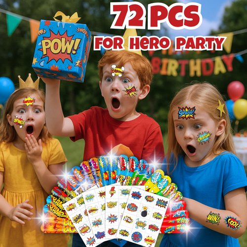 Cherisnowy 72PCS Hero Party Set - 48PCS Temporary Tattoos & 24PCS Slap Bracelets - Themed Pow Birthday Supplies, Baby Shower Gifts, Classroom Rewards & Party Decor for Kids