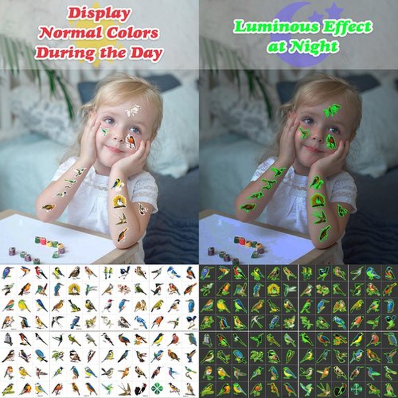 96 PCS Small Rainforest Bird Luminous Pre-Cut Temporary Tattoos Birthday Party Decorations Supplies Favors Hawaiian Summer Hummingbird Glow in The Dark Stickers Boys Gift School Rewards (Luminous)