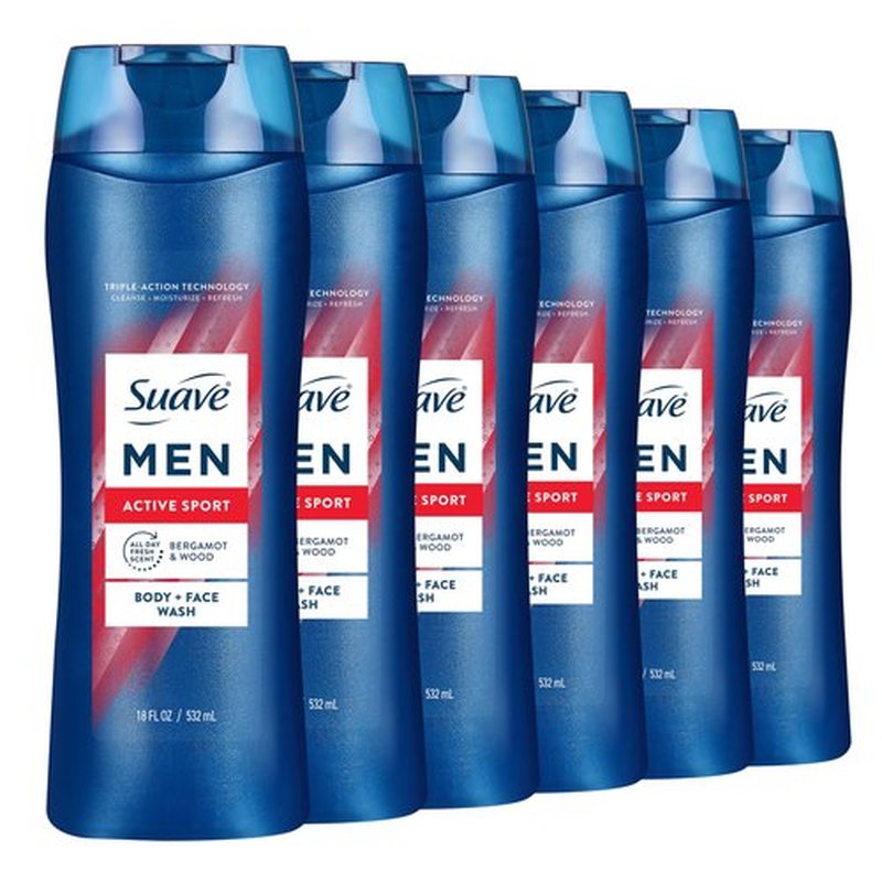 Suave Men Moisturizing Body & Face Wash, Energizing Sport with Bergamot & Wood Scent, No Parabens, No Phtahaltes, 18 Oz Pack of 6