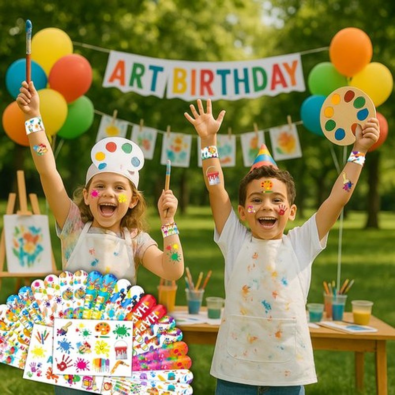 48PCS Art Party Favors - 24PCS Tattoos & 24PCS Slap Bracelets - Creative Birthday Supplies, Painting-Themed Decorations, Classroom Prizes, Gifts for Boys & Girls
