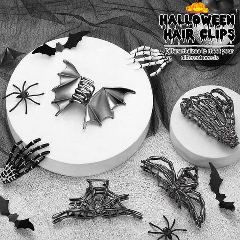 HairChrysm 8 PCS Gothic Hair Clips Set, 4 PCS Metal Spider Web Skeleton Hand Bat Claw Clips & 4 Skeleton Hand Bone Barrettes for Women Halloween Hair Accessories Punk Rock Dark Aesthetic Hair Pins