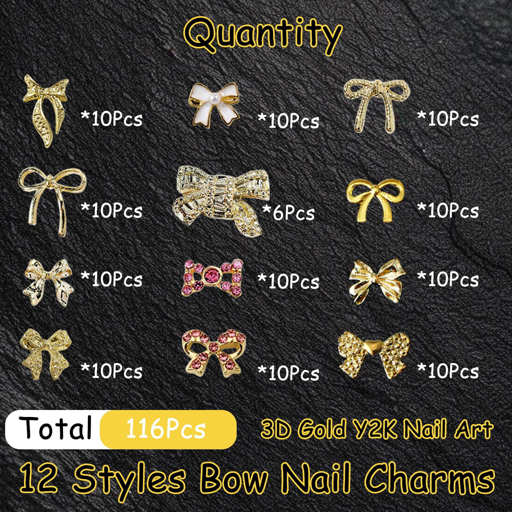 ZUMILLMN 116 Pcs Bow Nail Charms,12 Styles Gold Metal and Gem Bow Charms for Nails-Shiny Nail Rhinestones for Nail Art, Manicure, DIY Jewelry Making(116Pcs)