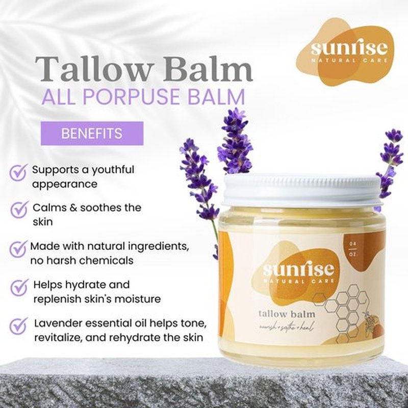 Sunrise Natural Care Unwhipped Honey and Tallow Balm - Body and Face Moisturizer - 100% Grass Fed Beef Tallow - 4 Ounces - Lavender
