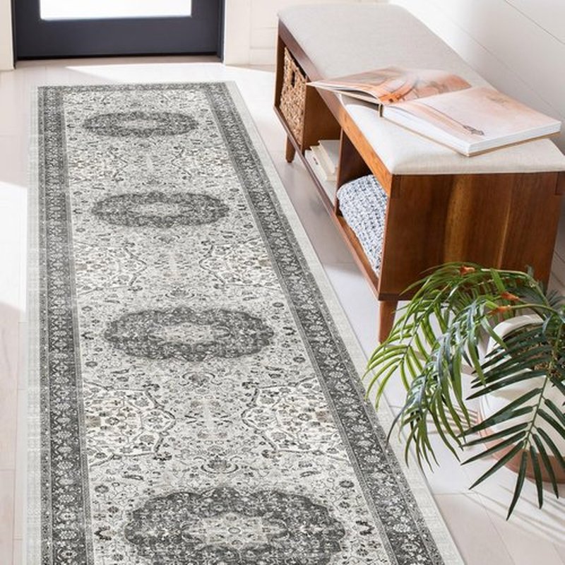 Hallway Washable Runner Rug - Vintage Soft Non-Slip Indoor Carpet | 2'6'' x 14', Grey