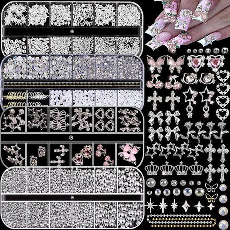 KACHIMOO Silver Nail Charms and Gems,Pink Nail Art Charms 4 Boxes Nail Gems Nail Pearls 3D Butterfly Cherry Heart Star Bow Flower Dollar Cross Nail Rhinestones,3D Nail Art Charms for Nails Design