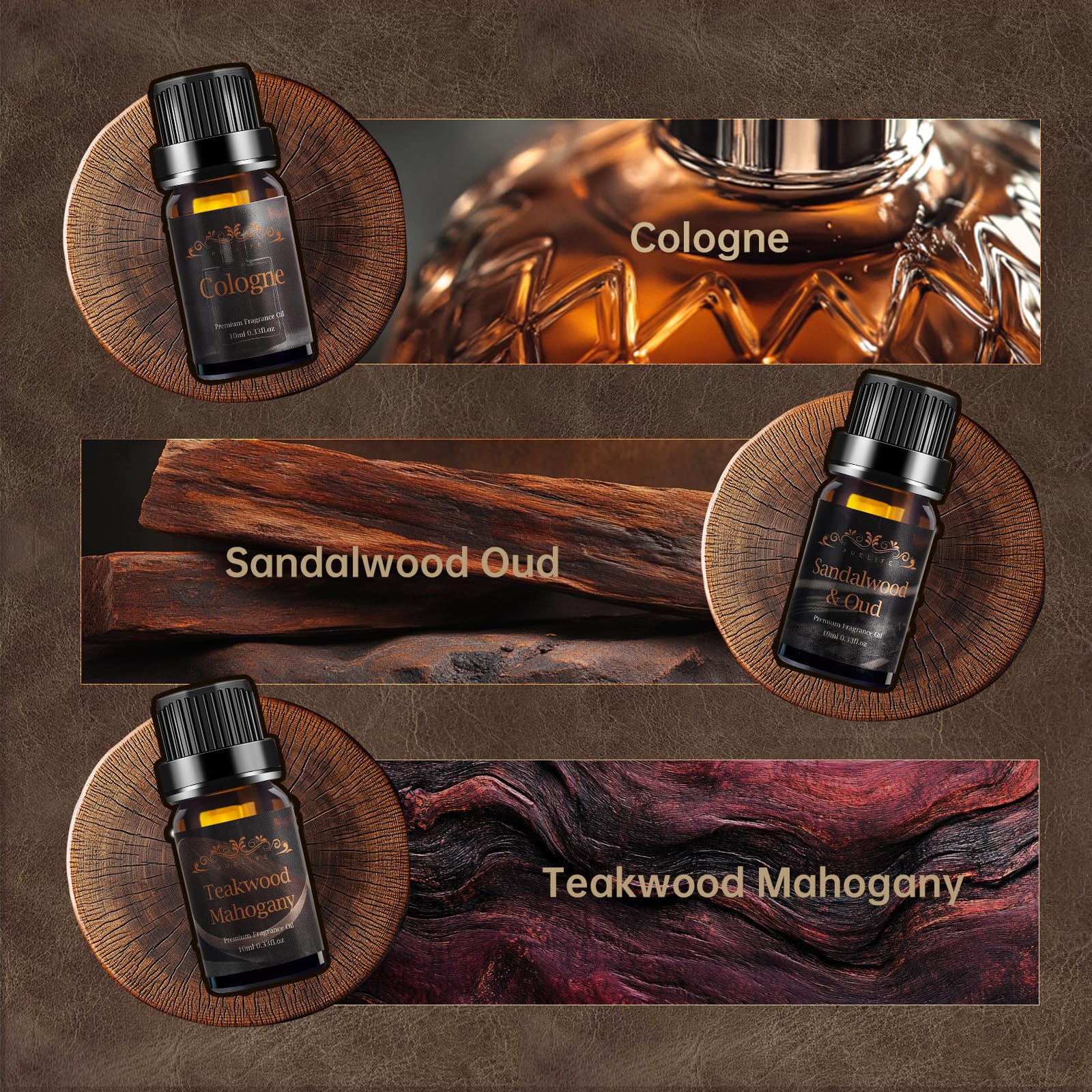 Men Essential Oils Set for Diffuser for Home, 6x10ml Masculine Fragrance Oils for Candle Making, Scented Oil Gift Set for Men, Mahogany, Sandalwood, Cologne, Smoke Vanilla, Leather