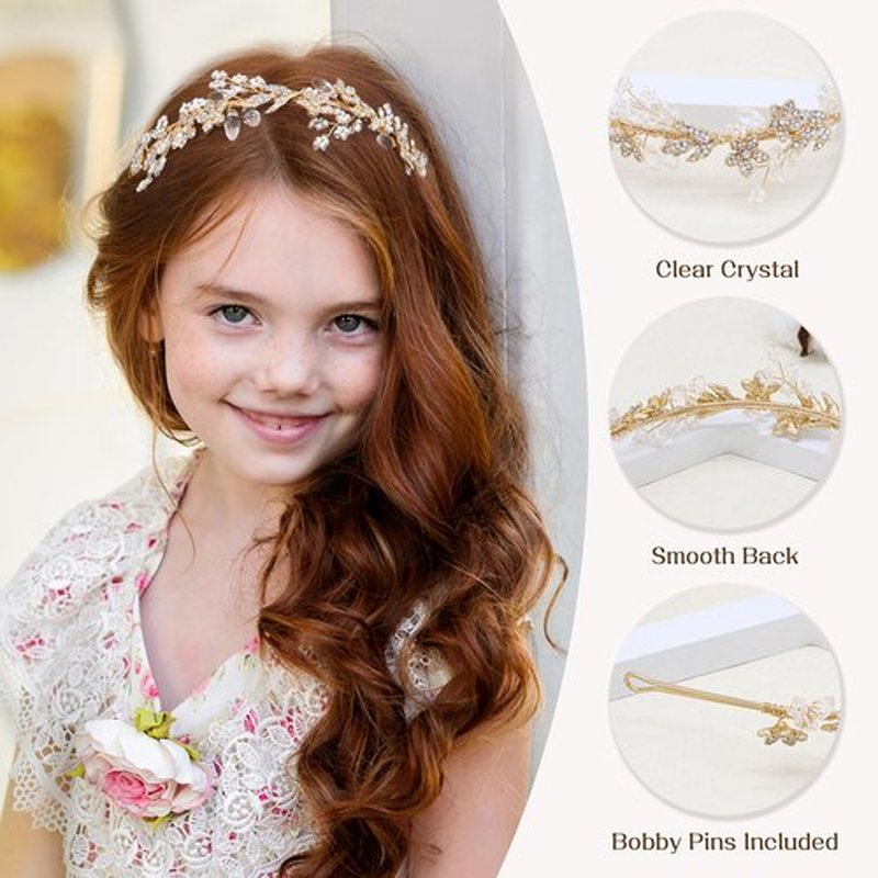 Oriamour Flower Girl Headband With Crystal Rhinestone Princess Teen Girls Headpiece For Birthday, Wedding,Photography,First Communion (Gold, 14'')