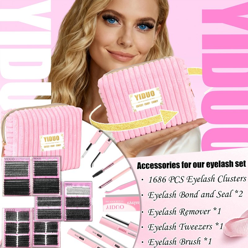 YIDUO Lash Cluster Kit Makeup Bag Set 1686pcs 40D+50D+60D+80D+100+Spikes+Bottom Full Eyelash Cluster Kit Volume Wispy DIY Lashes Extensions 10-20mm D Curl False Eyelash with 2X Bond&Seal DlY at Home