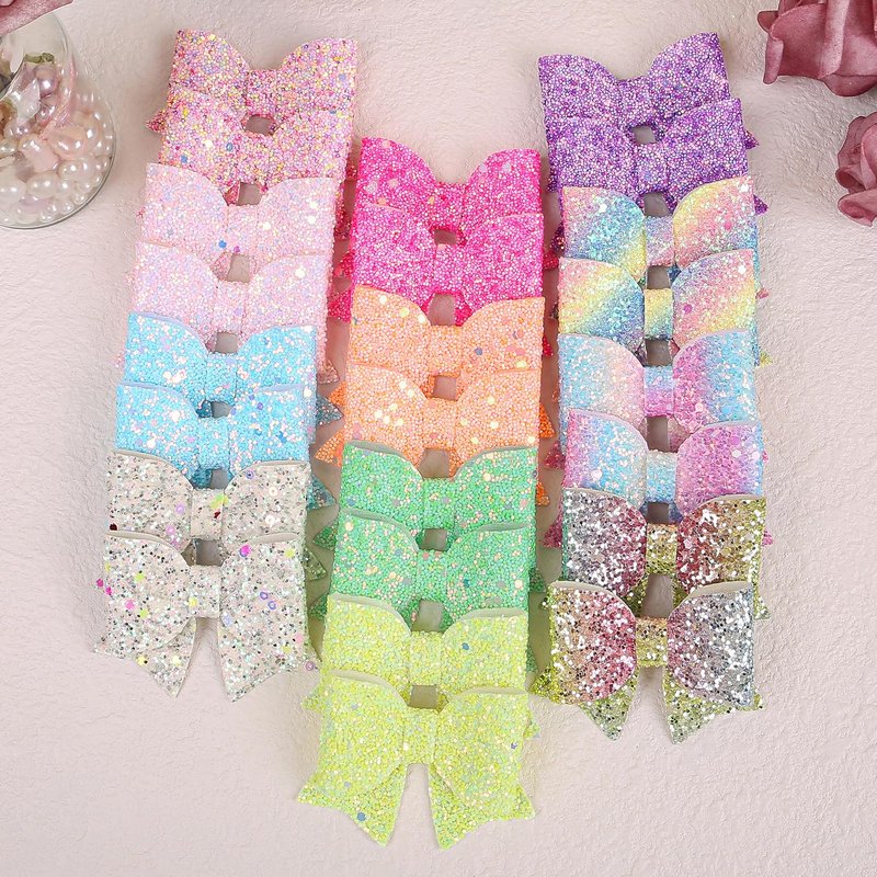 XIMA Glitter Hair Bows for Girls, 24 Piece Set with Alligator Clips, Rainbow Sparkle Hair Accessories