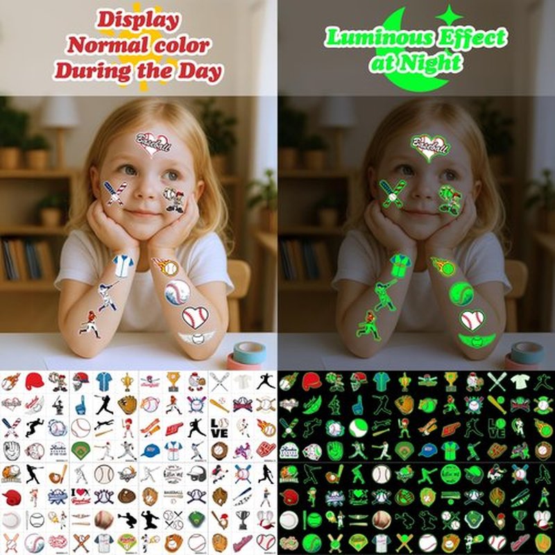 96PCS Baseball Pre-Cut Temporary Tattoos for Kids - Sports Themed Birthday Party Supplies, Fun Stickers for Boys & Girls, Party Favors, School Prizes, Summer Olympic Gifts (Glow in the dark)