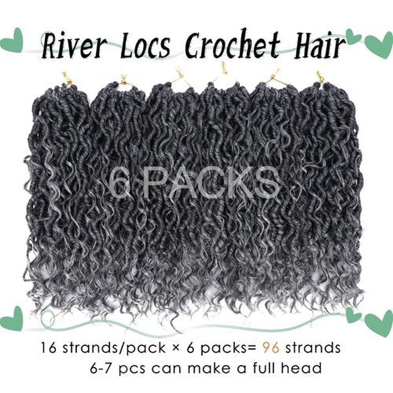 LIYATE Goddess Faux Locs Crochet Hair 12 Inch 6 Packs Grey Crochet Hair for Black Women Pre Looped Soft River Locs Crochet Braids with Curly Hair Boho Style Hair Extensions(T1B/Gray)