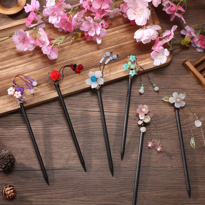 WILLBOND 6 Pcs Chinese Hair Sticks Japanese Vintage Wooden Chopsticks Accessories for Women Asian Floral Stick Classic Retro Tassel Flower Pins Handmade for Long Hanfu Hair(Classic Style)
