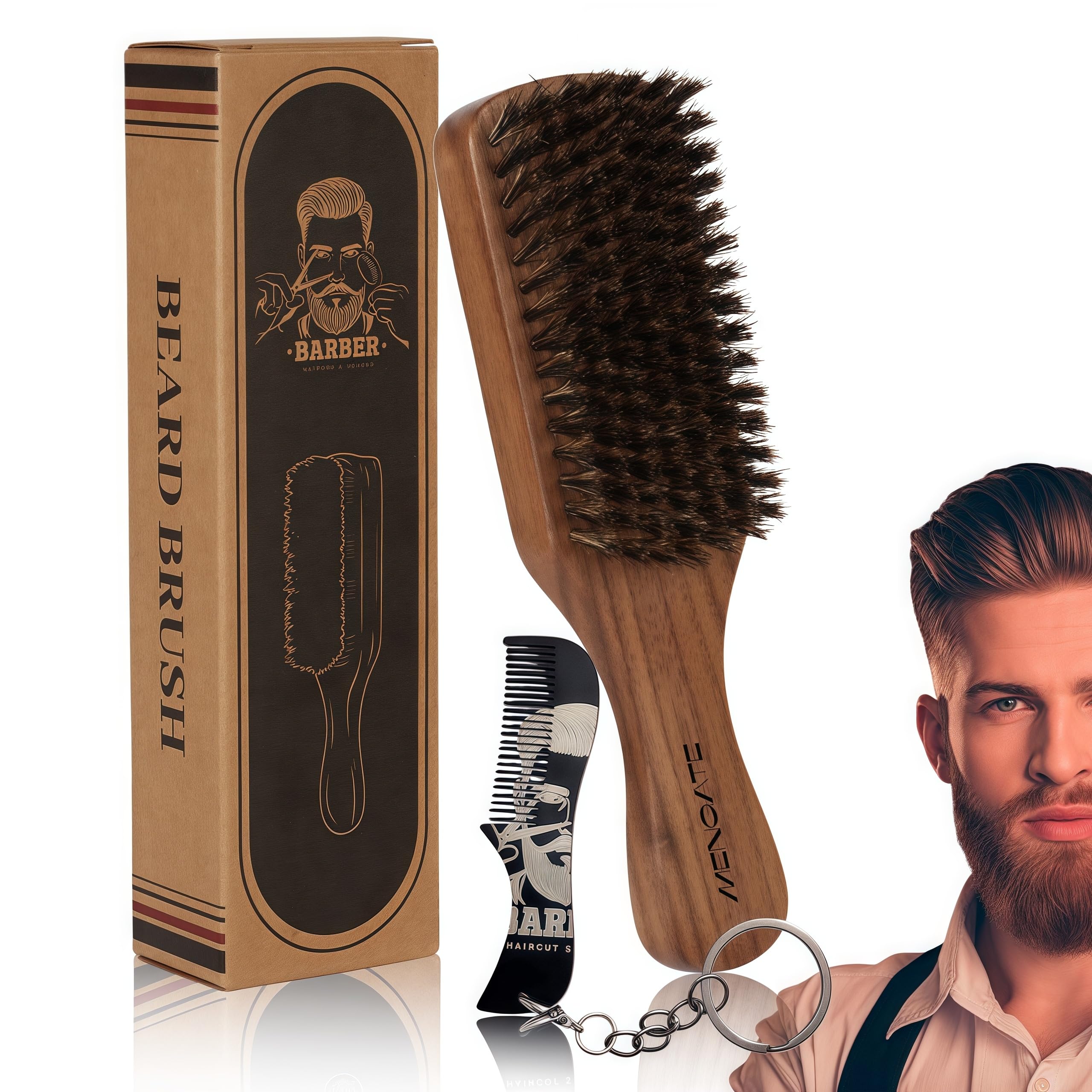 MenGate Boar Bristle Beard Brush for Men - Wooden Mustache Brush and Slick Back Hair Brush with Small Metal Beard Comb, Perfect for Home and Travel Use - Major