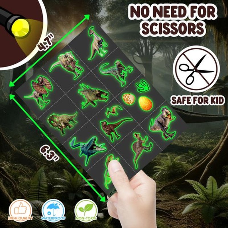96PCS Dinosaur 3D Pre-Cut Temporary Tattoos - Stickers for Birthday Party Supplies, Decorations, and Favors - Super Cute Gifts for Kids, Boys & Girls, Classroom Prizes, and Themed (Glow in the dark)