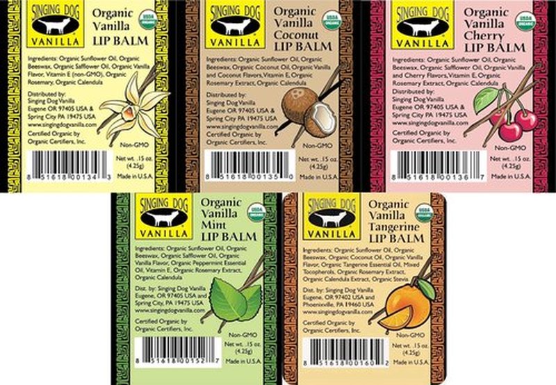 Singing Dog Vanilla USDA Organic Beeswax Lip Balm (5-flavor Variety) Vitamin E- Grade A (Vanilla, Vanilla Cherry, Vanilla Coconut, Vanilla Mint, Vanilla Tangerine) Hydrate, Repair .15oz each