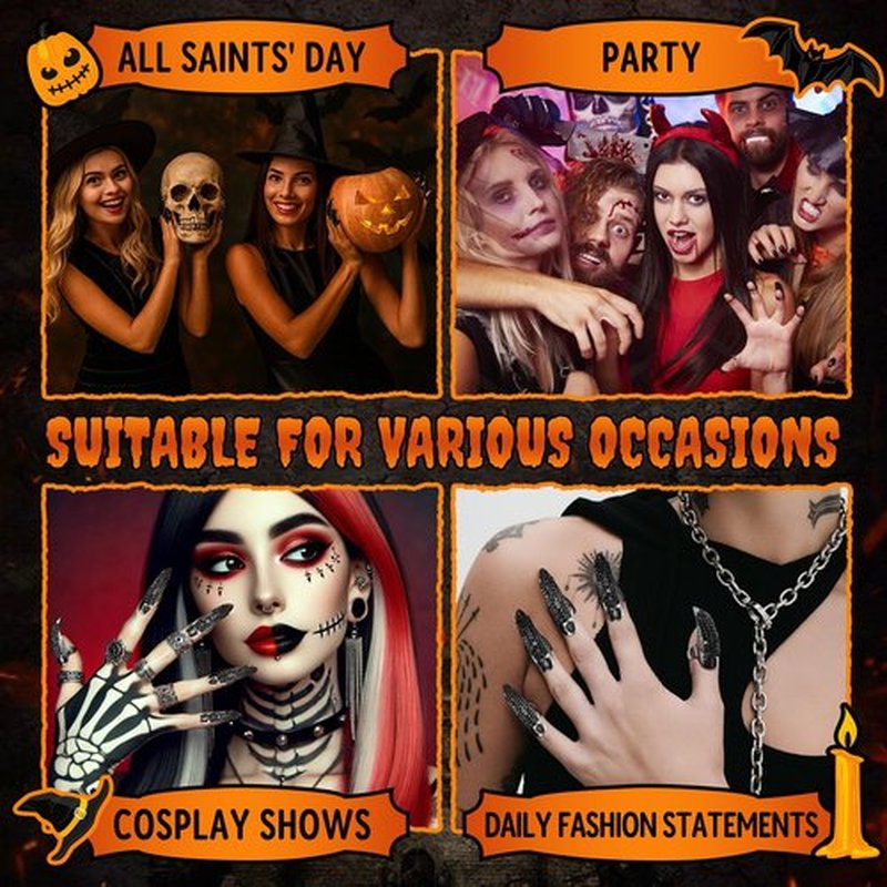 10PCS Adjustable Claws Ring Set Fake Nails Finger, Gothic Punk 3 Sizes Crystal Retro Metal Nail Rings Jewelry Fingertip Vampire Demon Cat Cosplay Accessories Women Costume Black