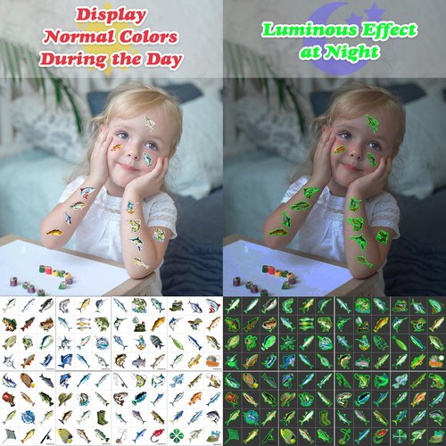 96 PCS Fishing Pre-Cut Luminous Temporary Tattoos Birthday Party Decorations Favors Supplies Decor Gone Fishing Fisherman Glow in The Dark Stickers For Girls Boys Gift School Prizes Rewards (Luminous)