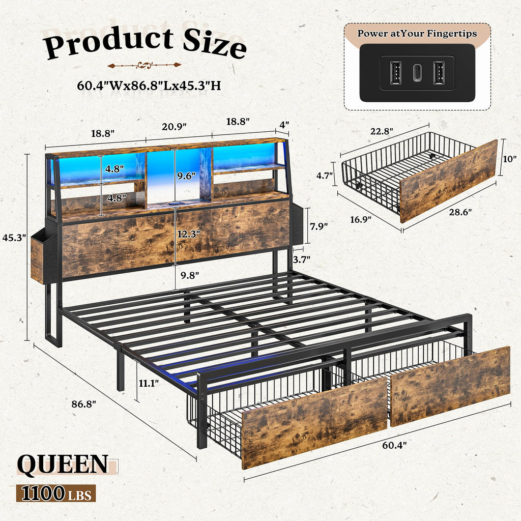 Homkdom Queen Bed Frame with 3-Tier Storage Headboard &2 Drawers,Noise-Free