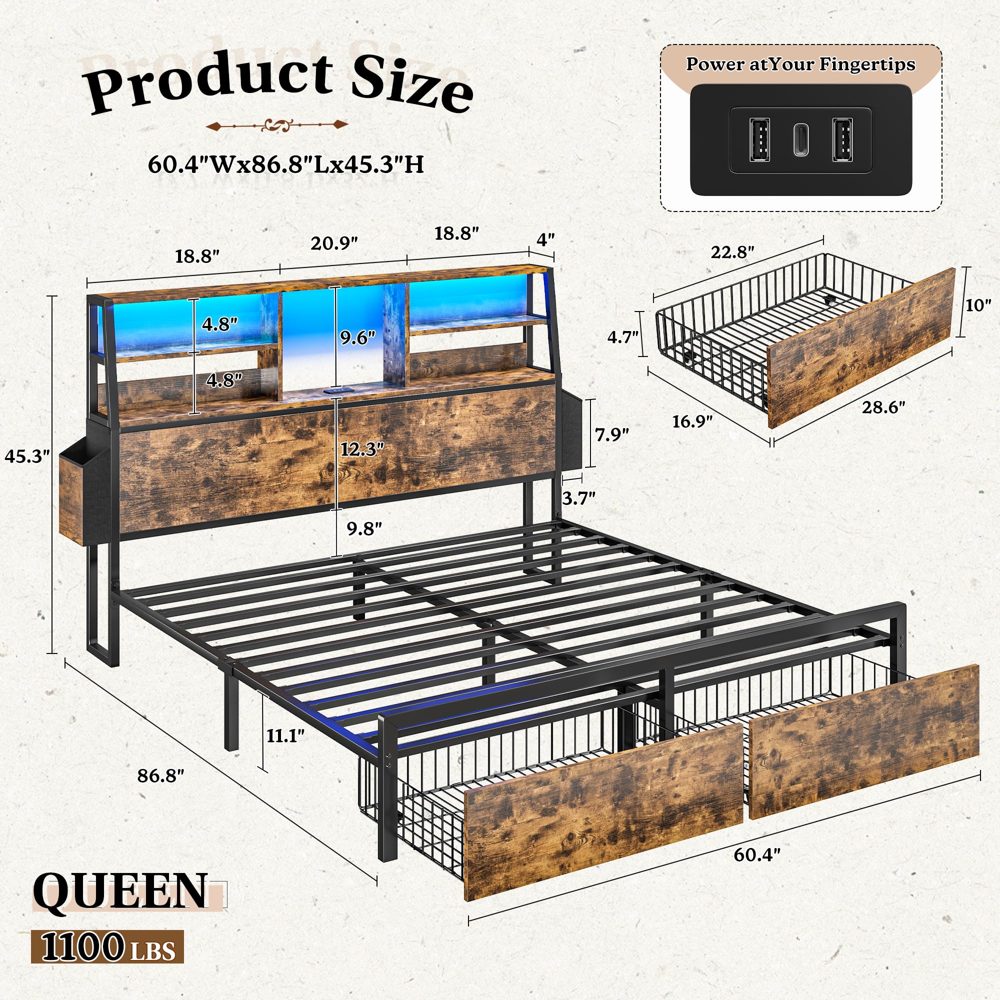 Homkdom Queen Bed Frame with 3-Tier Storage Headboard &2 Drawers,Noise-Free