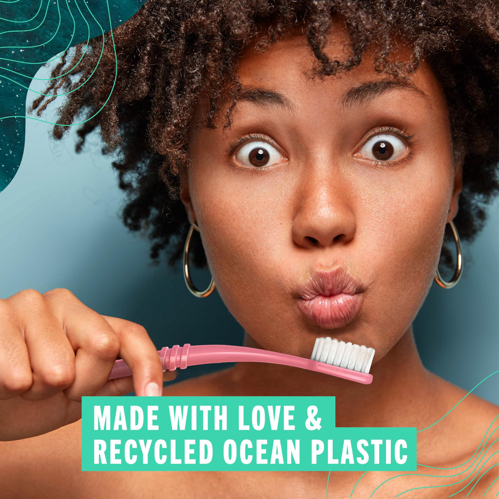 Preserve Ocean Plastic Initiative (POPI) Adult Toothbrush, Made in USA from Recycled Ocean Plastic, Coral, Soft, 6 Count