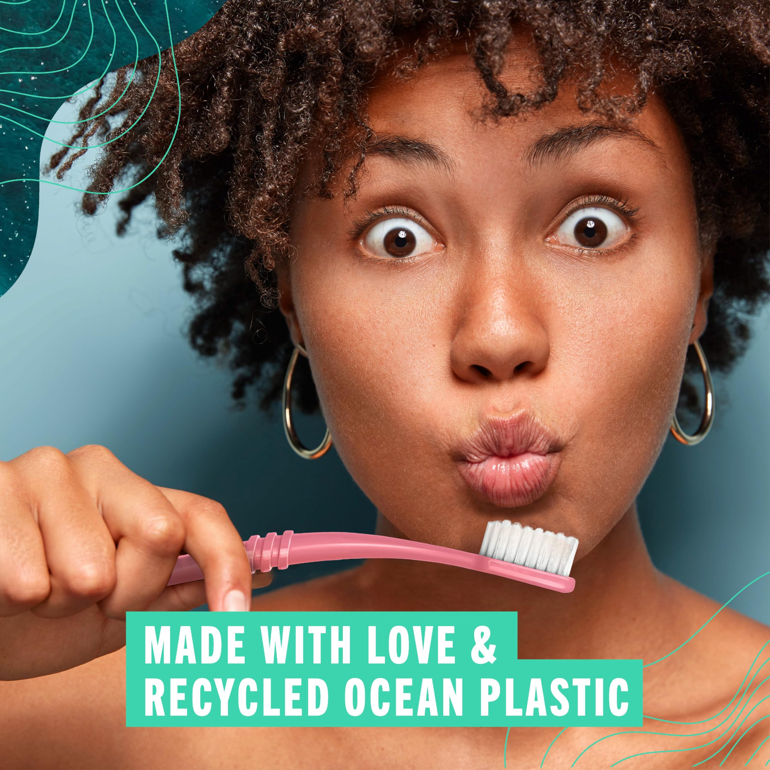 Preserve Ocean Plastic Initiative (POPI) Adult Toothbrush, Made in USA from Recycled Ocean Plastic, Coral, Soft, 6 Count