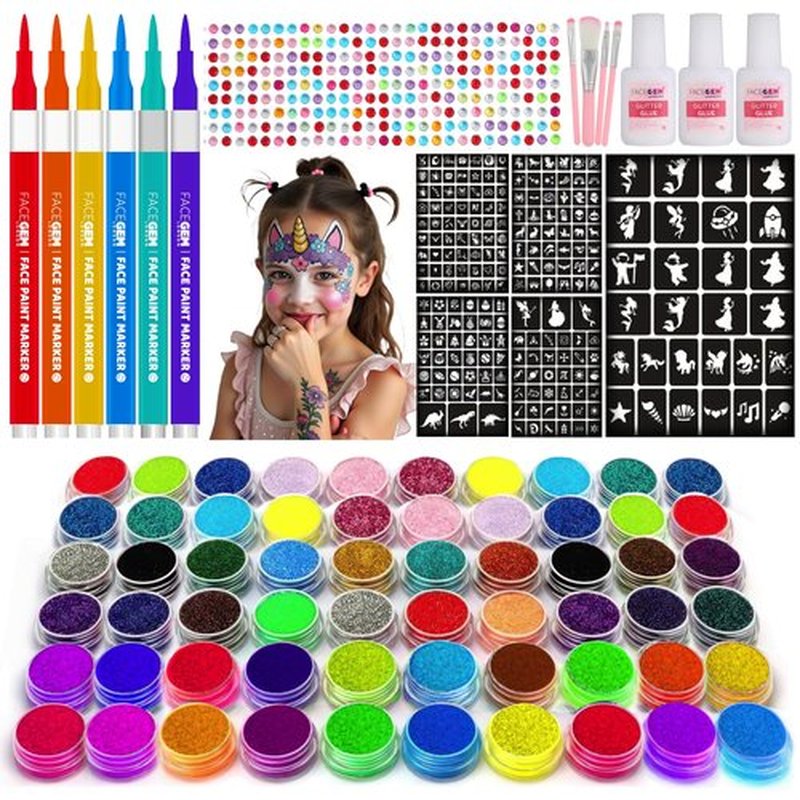 60 Colour – Glitter Tattoos for Kids, Glitter Tattoo Kit, Temporary Tattoos for kids, 200+ Stencils, 60 Colour (20 Neon), 6 PCS Face Paint, 1000+ Rhinestones, Surprise Gift Items