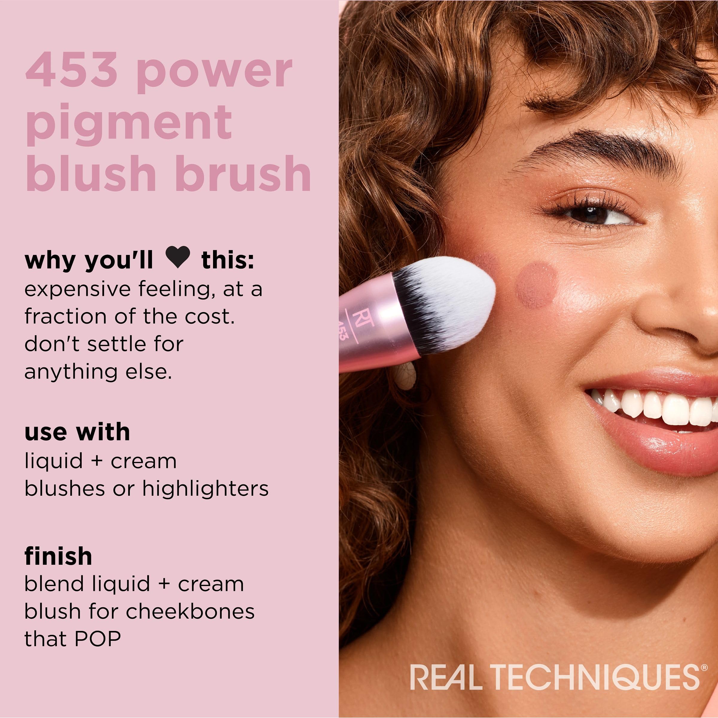 Real Techniques Power Pigment Blush Makeup Brush, Cheek Brush For Liquid & Cream Blush, Dense, Synthetic Bristles, Unique Pointed Shape For Precise Application, Vegan & Cruelty Free, 1 Count