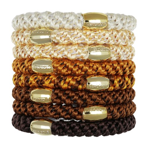 L. Erickson Brown Hair Ties with Gold Beads for Thick Hair, Grab & Go Ponytail Holders, 8 Pack, Leather | Gold Bead, Thick No-Crease Bands with Strong Hold, Damage-Free Design